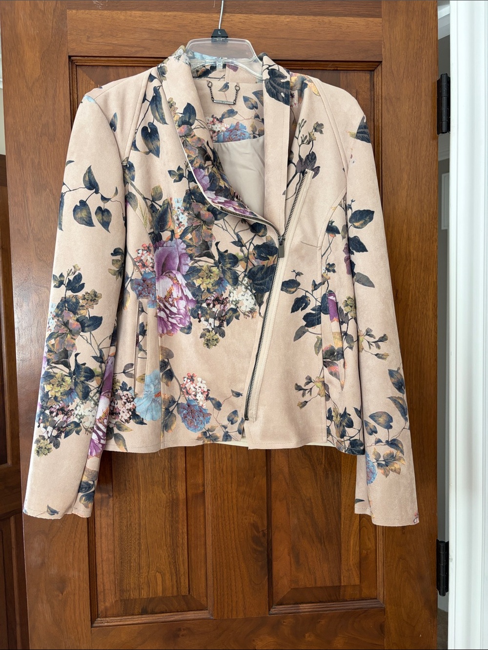 Elie Tahari Blush Floral Faux-Suede Asymmetric Zip Jacket